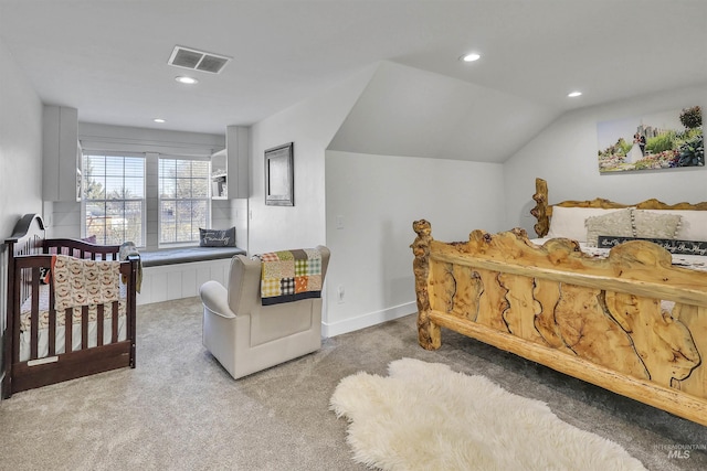 bedroom with recessed lighting, carpet flooring, visible vents, baseboards, and vaulted ceiling