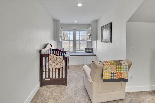 bedroom featuring carpet, baseboards, and recessed lighting