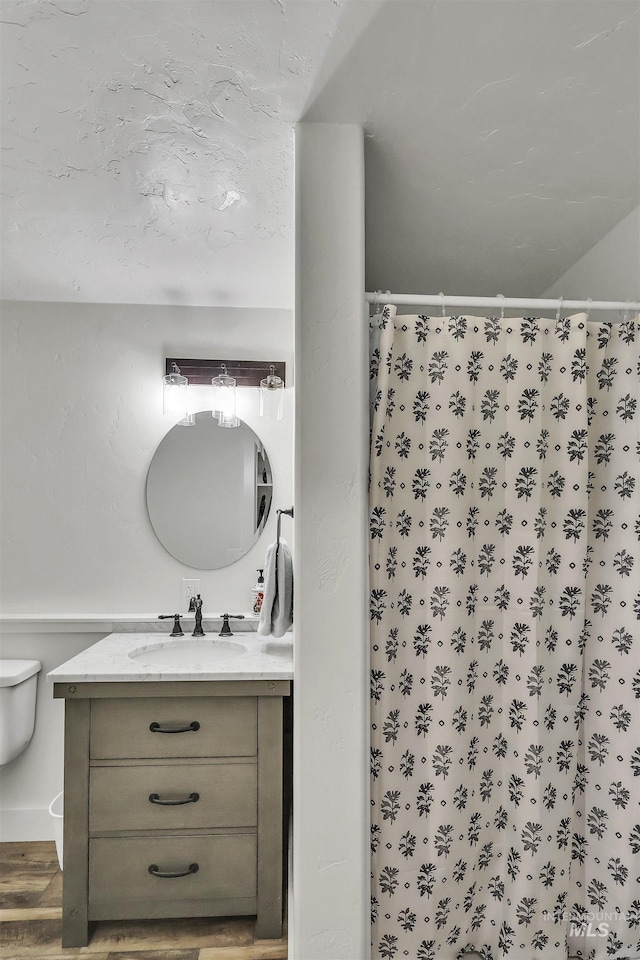 bathroom featuring toilet, a shower with curtain, and vanity