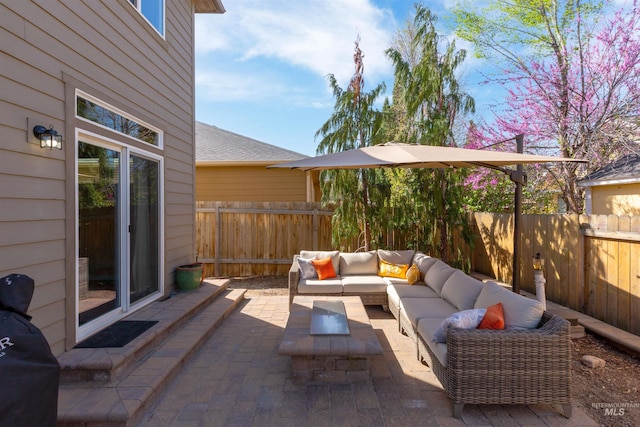 5359 N Landon Creek Pl, Meridian, ID 83646 - view of patio / terrace with a fenced backyard and an outdoor living space