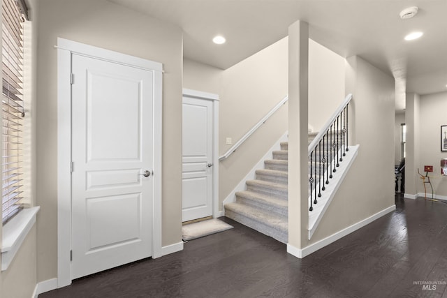 5359 N Landon Creek Pl, Meridian, ID 83646 - staircase featuring baseboards, wood finished floors, and recessed lighting
