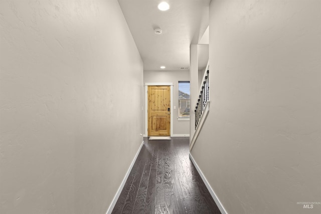 5359 N Landon Creek Pl, Meridian, ID 83646 - corridor featuring recessed lighting, dark wood finished floors, stairs, and baseboards