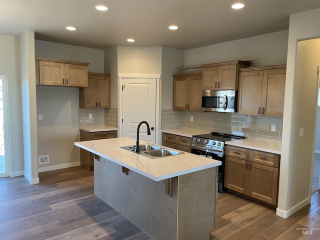 kitchen with recessed lighting, wood finished floors, a sink, baseboards, and appliances with stainless steel finishes