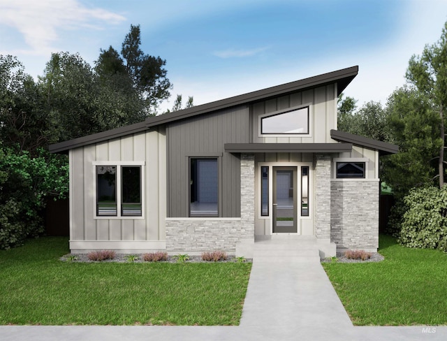 3527 E Warm Springs Ave, Boise, ID 83716 - modern farmhouse featuring concrete driveway, a front yard, stone siding, and board and batten siding