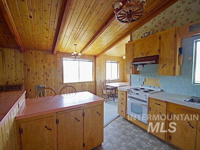 kitchen with decorative light fixtures, wood ceiling, white range, beam ceiling, and tasteful backsplash