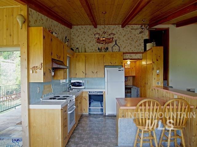 kitchen featuring backsplash, white appliances, wood ceiling, beamed ceiling, and a breakfast bar