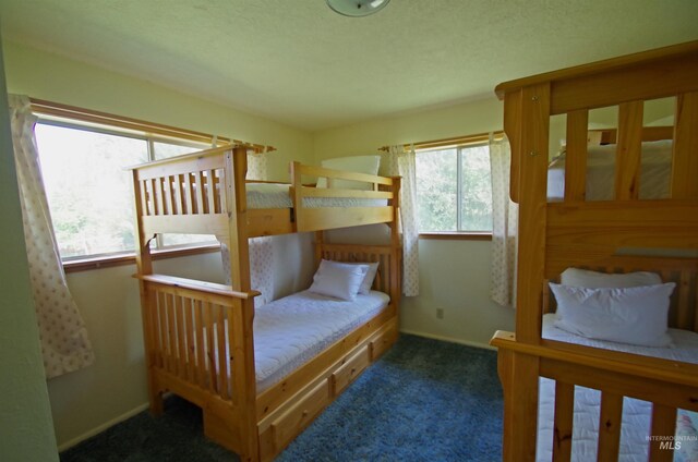 bedroom featuring multiple windows, a textured ceiling, and carpet flooring