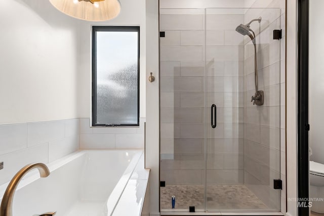 full bath featuring toilet, a garden tub, and a shower stall