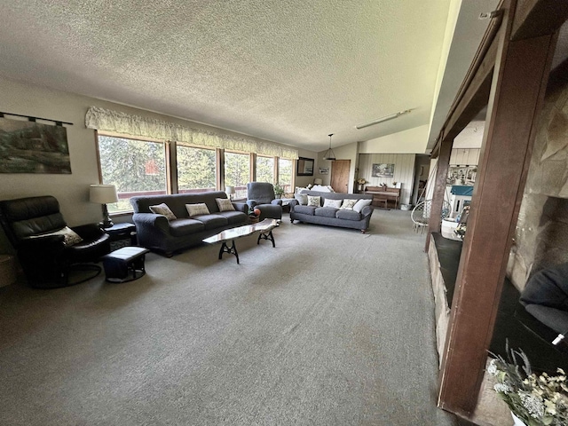 170 Red Fir, Kooskia, ID 83539 - living room featuring a textured ceiling, vaulted ceiling, and carpet