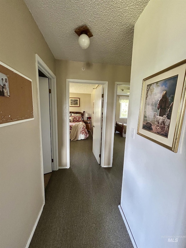 170 Red Fir, Kooskia, ID 83539 - hallway featuring a textured ceiling, baseboards, and dark colored carpet