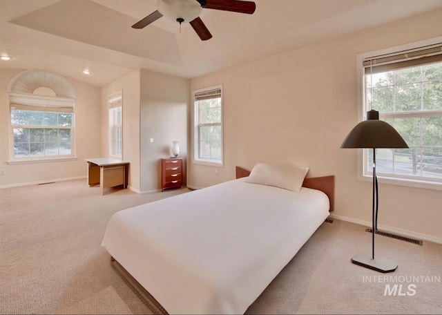 bedroom featuring a raised ceiling, ceiling fan, multiple windows, and light carpet