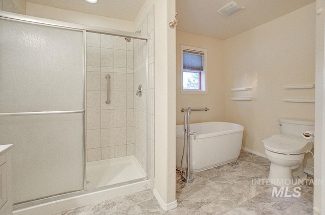 bathroom with shower with separate bathtub and toilet