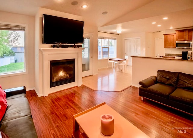 living room with vaulted ceiling and light hardwood / wood-style floors