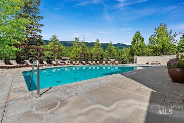 view of swimming pool with a patio and a pergola