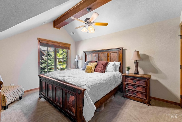 bedroom featuring vaulted ceiling with beams, ceiling fan, and light colored carpet