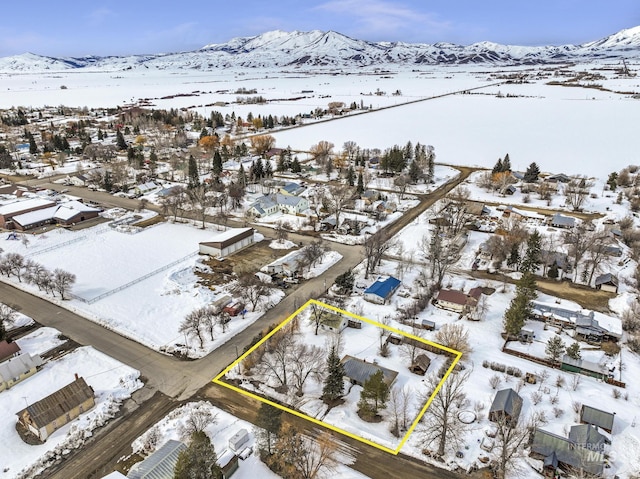 snowy aerial view with a mountain view and a residential view