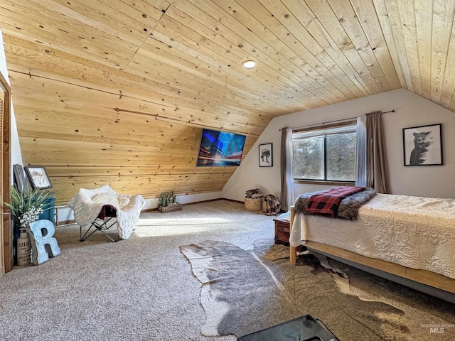 carpeted bedroom featuring wood walls, lofted ceiling, and wood ceiling