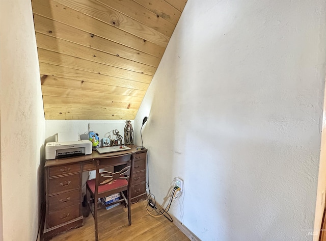 home office with lofted ceiling, wood-type flooring, and wooden ceiling