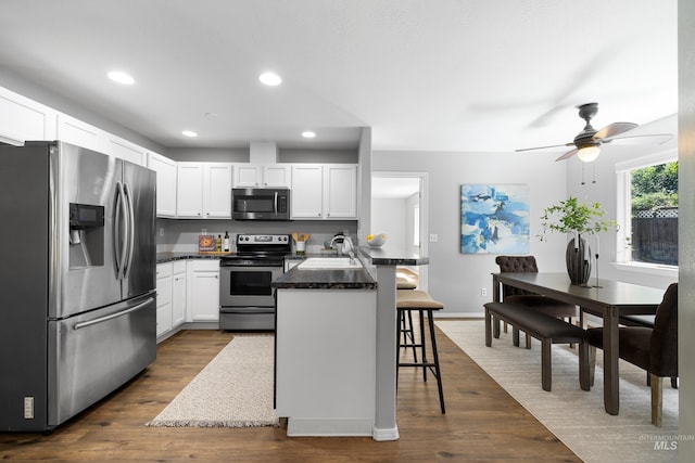 11031 W Red Maple Dr, Boise, ID 83709 - kitchen featuring appliances with stainless steel finishes, a kitchen breakfast bar, a peninsula, dark countertops, and ceiling fan