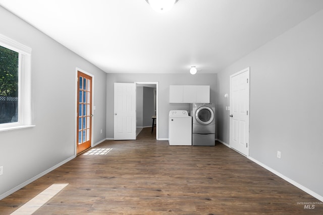 11031 W Red Maple Dr, Boise, ID 83709 - washroom featuring washing machine and clothes dryer, cabinet space, and dark wood-style floors
