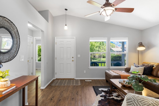 11031 W Red Maple Dr, Boise, ID 83709 - living area featuring high vaulted ceiling, wood finished floors, healthy amount of natural light, and ceiling fan