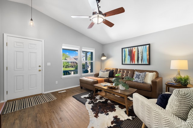 11031 W Red Maple Dr, Boise, ID 83709 - living area with wood finished floors, a ceiling fan, and high vaulted ceiling