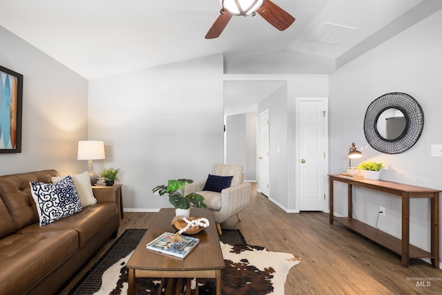 11031 W Red Maple Dr, Boise, ID 83709 - living room featuring lofted ceiling, wood finished floors, and a ceiling fan