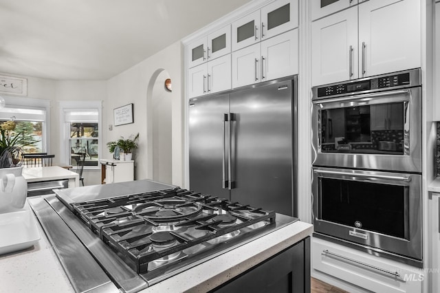 3136 S Bear Claw Way, Meridian, ID 83642 - kitchen with stainless steel appliances, white cabinets, arched walkways, glass insert cabinets, and light stone counters