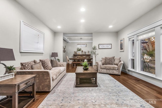 3136 S Bear Claw Way, Meridian, ID 83642 - living room featuring recessed lighting and dark wood-type flooring