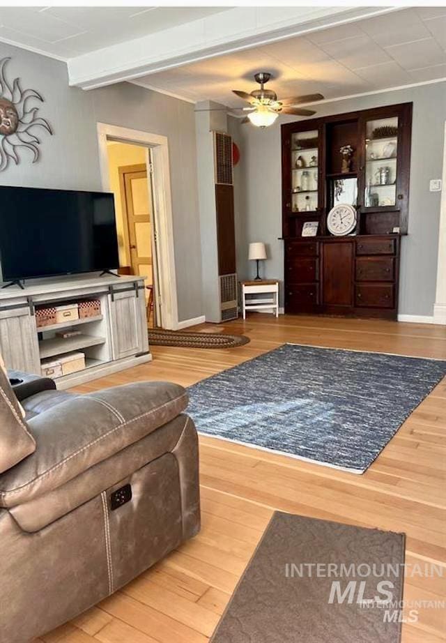 living room featuring hardwood / wood-style flooring and ceiling fan