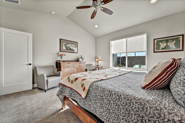 carpeted bedroom featuring ceiling fan and lofted ceiling