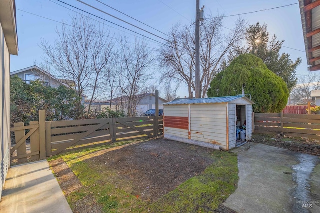 exterior space with a shed