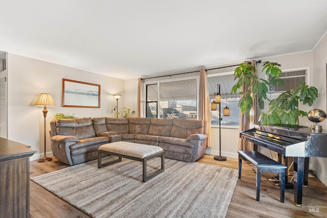 living room featuring a wall mounted air conditioner and light wood-type flooring