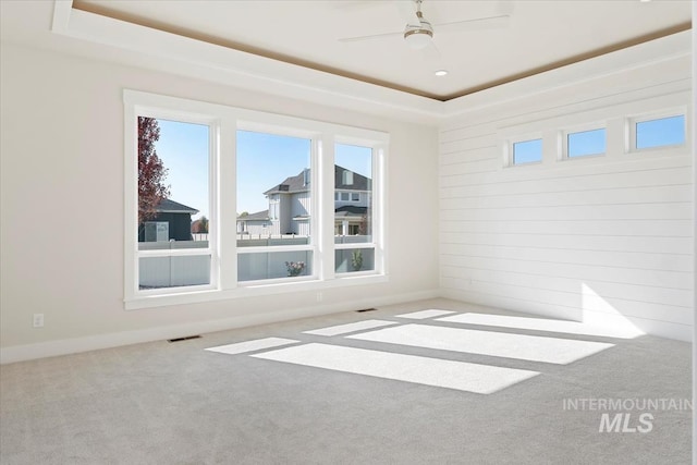 unfurnished room featuring a raised ceiling, light carpet, and ceiling fan