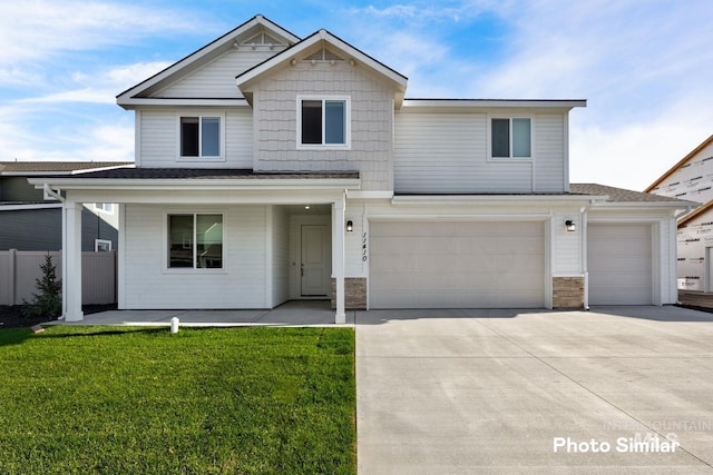 view of front of home featuring driveway, an attached garage, a porch, a shingled roof, and stone siding