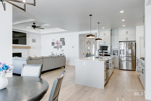 3661 S Corabell Way, Meridian, ID 83642 - kitchen featuring appliances with stainless steel finishes, a sink, recessed lighting, ceiling fan, and light countertops