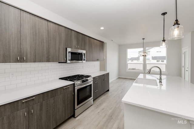 kitchen with a sink, stainless steel appliances, dark brown cabinetry, light wood-style floors, and tasteful backsplash