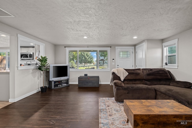 living room with plenty of natural light, wood-type flooring, and a textured ceiling