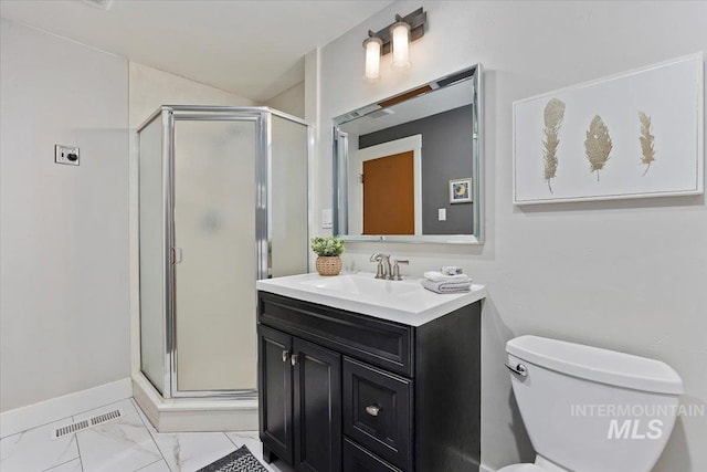 bathroom with vanity, visible vents, a shower stall, toilet, and marble finish floor