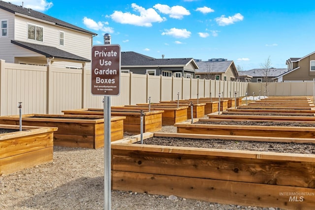 view of yard featuring a garden, a residential view, and fence