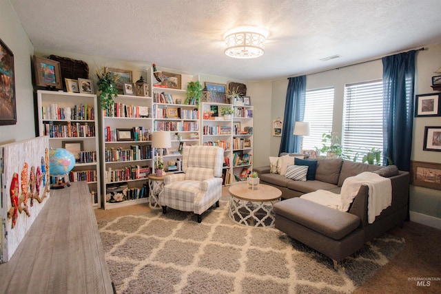 carpeted living area with a textured ceiling