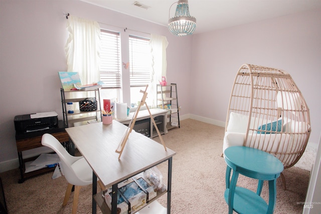 office space featuring carpet floors, a chandelier, and baseboards