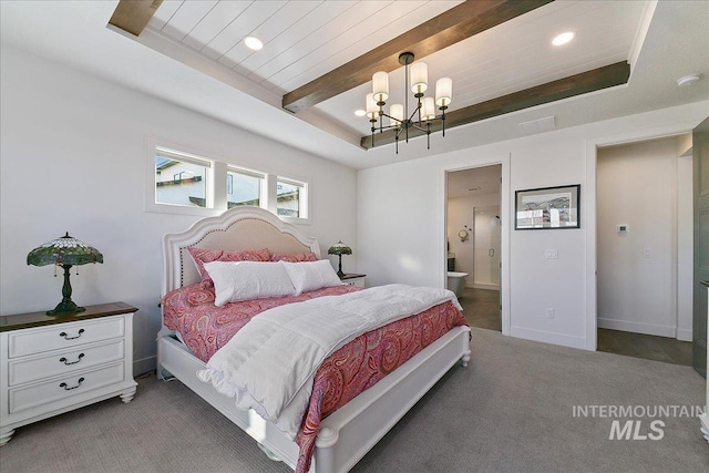 bedroom featuring a chandelier, connected bathroom, carpet floors, baseboards, and beamed ceiling