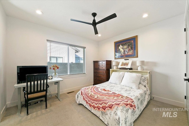 bedroom with light carpet, baseboards, visible vents, and recessed lighting