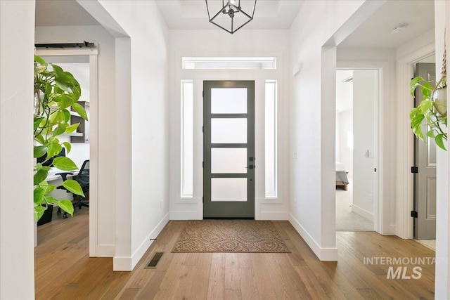 foyer entrance with baseboards, hardwood / wood-style floors, and a healthy amount of sunlight