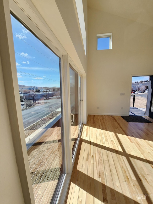 entryway with hardwood / wood-style floors, a high ceiling, and baseboards