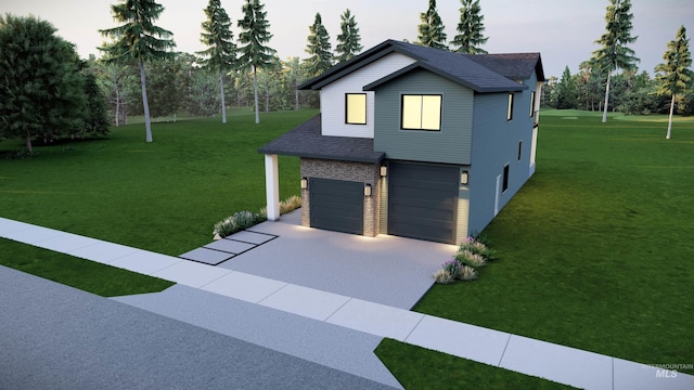 view of front of home featuring brick siding, roof with shingles, an attached garage, driveway, and a front lawn