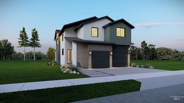 view of front of house with a front lawn, brick siding, driveway, and an attached garage