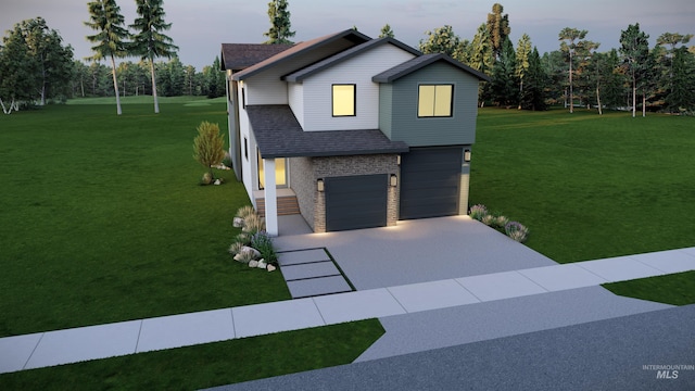 view of front of home featuring brick siding, roof with shingles, an attached garage, a front yard, and driveway