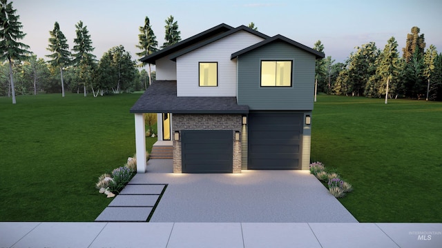 view of front of house featuring an attached garage, a shingled roof, driveway, stone siding, and a front lawn